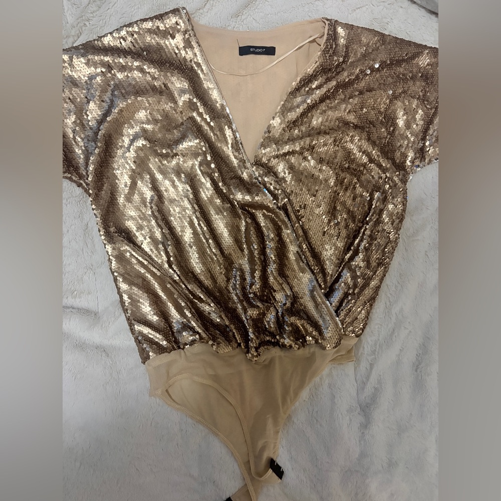 Studded Sequin Wrap Bodysuit - Gold